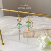 Green Glass Ball Planet Earrings Dangle, Gold Planet Asymmetry Earrings, Star and Moon dangle, Universe Saturn drop earrings